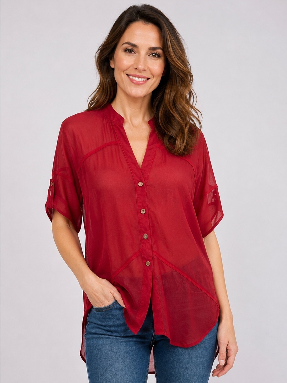 Excuse Me Miss Red Sheer Button Front Blouse Size Large Open Back, Casual